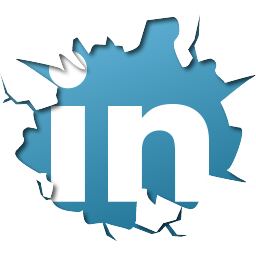 The LinkedIn logo behind a smashed blue wall